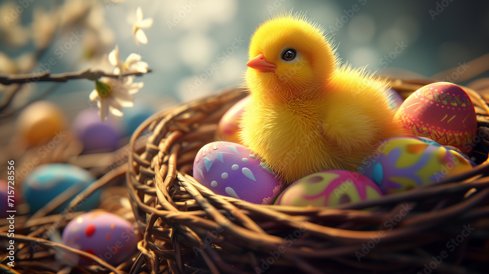 Easter Chick in Vibrant Nest: Festive Seasonal Display with Colorfully Painted Eggs for Business Promotions