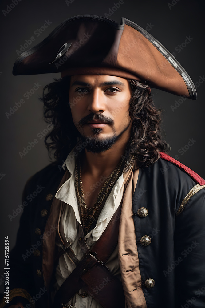 Man in Pirate Costume With Hat, Holding Sword. Generative AI. Man in Pirate Costume With Hat, Holding Sword. Generative AI.