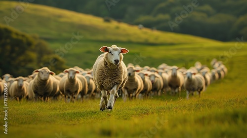 A single sheep faces the camera while leading a large flock across a lush green pasture, embodying natural leadership and collective movement.