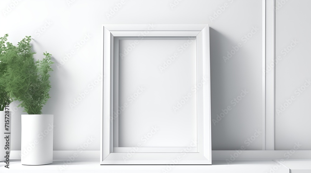 A white frame sitting on a table, alongside a plant - a square mockup template. A white frame sitting on a table, alongside a plant - a square mockup template.