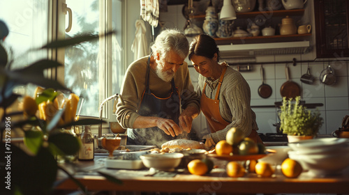 happy man and woman cooking together in the kitchen