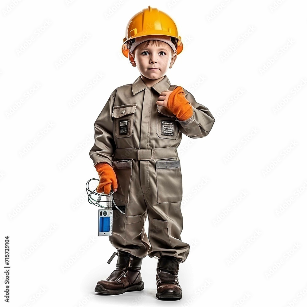Little boy in Electrician suit on a white background. Children's dream career concept commercial imagery Little boy in Electrician suit on a white background. Children's dream career concept commercial imagery