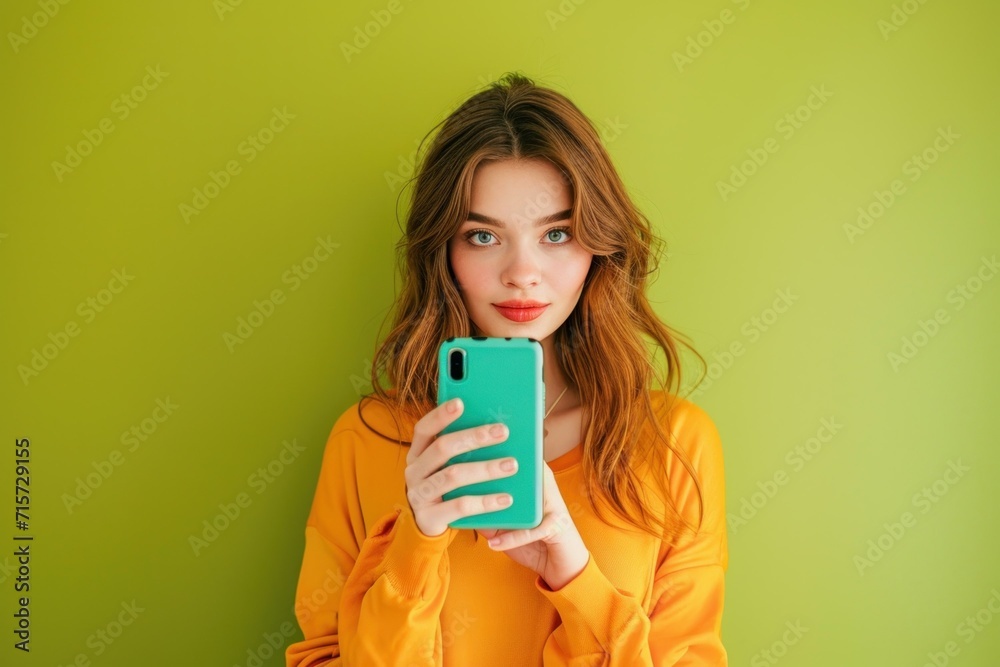 Portrait of a Young Woman with Smartphone. Generative AI.