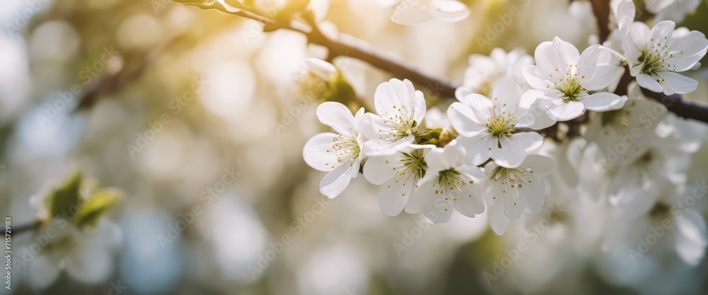 Beautiful spring nature scene with white blooming tree. Abstract blurred background. Soft selective
