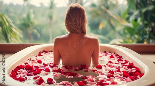 beautiful young woman from the back in a bathtub with rose petals in a hotel overlooking the tropics and palm trees, relaxation and relaxation in a spa