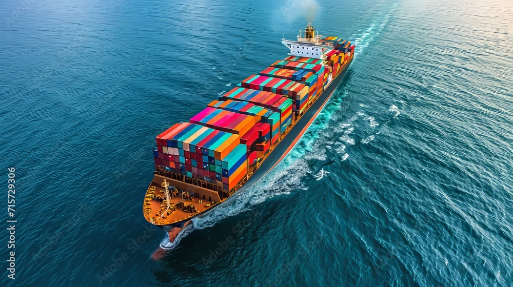 Aerial perspective of container cargo ship sailing on the sea waters with copy space