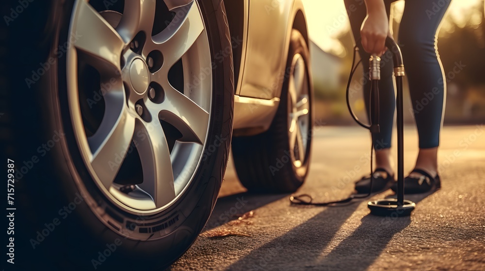 Woman inflates the tire. Woman checking tire pressure and pumping air into the tire of car wheel