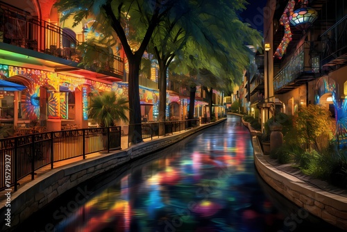 The iconic San Antonio Riverwalk at night, illuminated by colorful lights and bustling with activity. © LOVE ALLAH LOVE