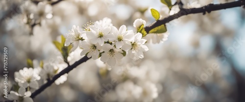 Beautiful spring nature scene with white blooming tree. Abstract blurred background. Soft selective