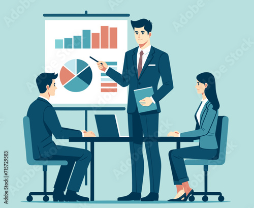 The idea. Discussion about a new business project. Brainstorming. Business vector illustration,a man in a suit giving a presentation to two other people, all of whom are sitting at a table. vector