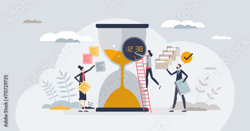 Effective time allocation with hourglass as work planning tiny person concept. Successful time management system with team organization and deadline strategy vector illustration. Clock with tasks.