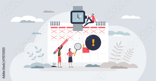 Deadline calendar and schedule for time management tiny person concept. Efficient planning with daily tasks and works vector illustration. Meeting agenda and appointments reminder. Date organizer.