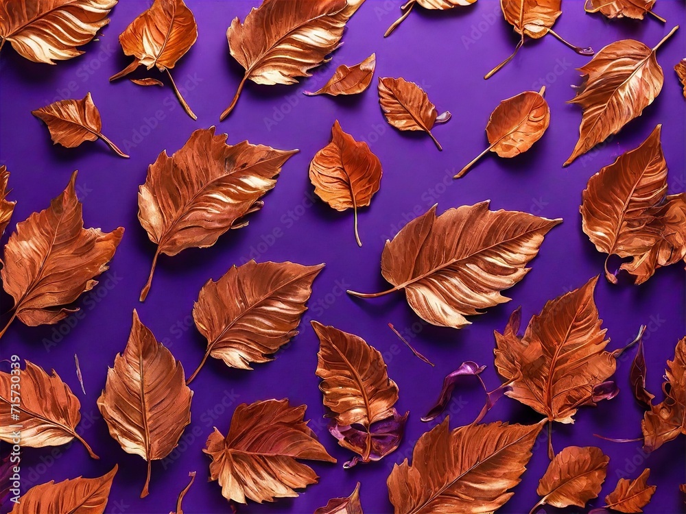 Vibrant Autumn Aesthetics: Dry Orange Metallic Leaves Pattern on Violet Background for a Captivating Visual Experience Vibrant Autumn Aesthetics: Dry Orange Metallic Leaves Pattern on Violet Background for a Captivating Visual Experience