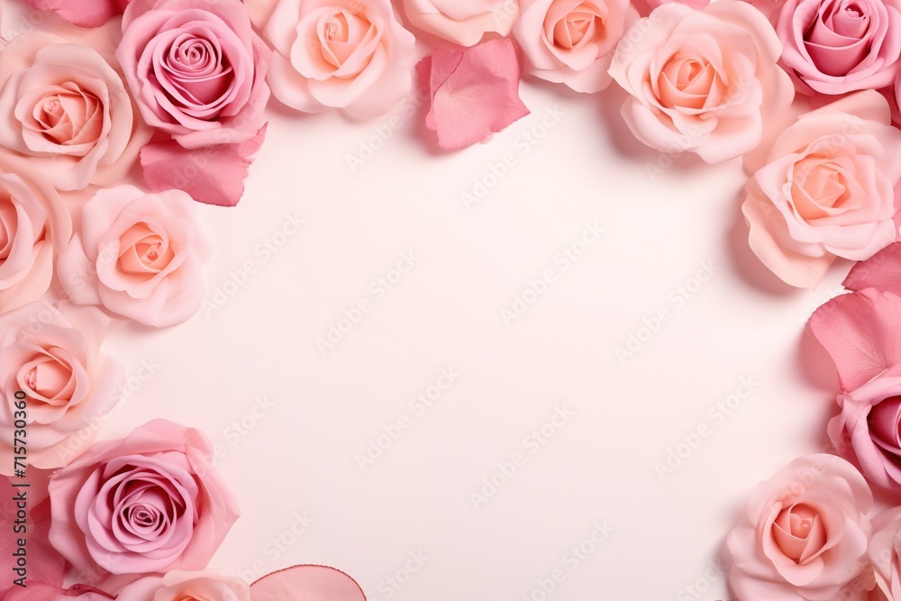 Romantic background of fresh pink roses creating an abstract and floral frame