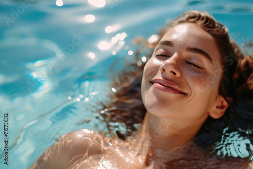 Smiling woman with eyes closed relaxing in water at swimming pool on summer day © Kien