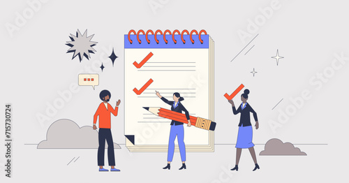 To do list or checklist for work tasks organization retro tiny person concept. Effective report with completed jobs and reminder about future tasks vector illustration. Objectives time management.