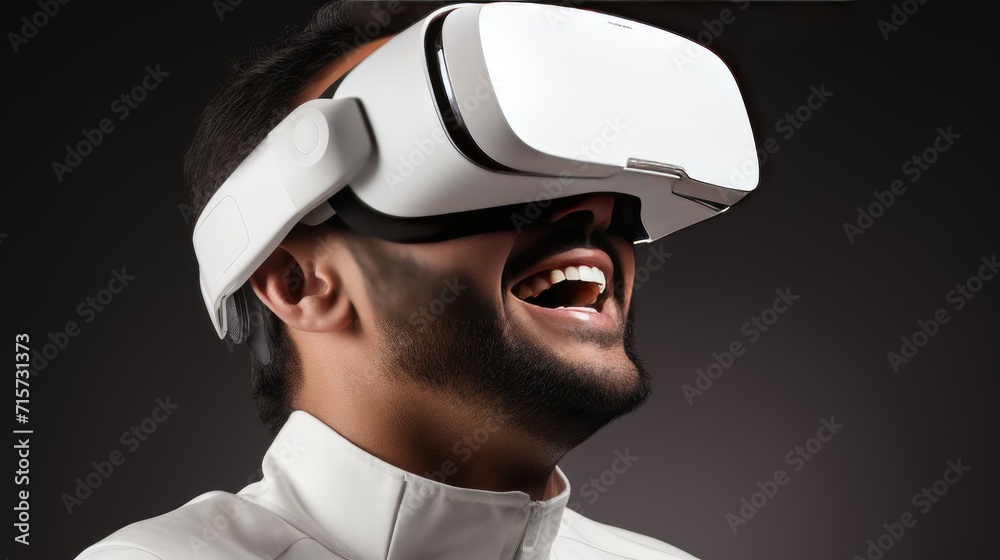 Man wearing virtual reality goggles. Virtual reality headset. Concept of technology and cyberspace. Illustration for cover, card, postcard, interior design, banner, poster, brochure or presentation. Man wearing virtual reality goggles. Virtual reality headset. Concept of technology and cyberspace. Illustration for cover, card, postcard, interior design, banner, poster, brochure or presentation.