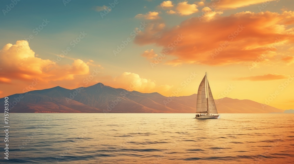 A yacht against a backdrop of mountains and calm sea. Active vacation concept. Sailing vessel at sunset. Illustration for cover, card, postcard, interior design, banner, poster, brochure, presentation