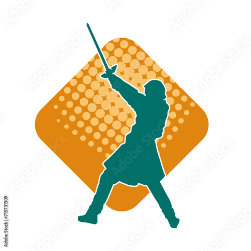 Silhouette of a female fighter in action pose carrying sword weapon.
