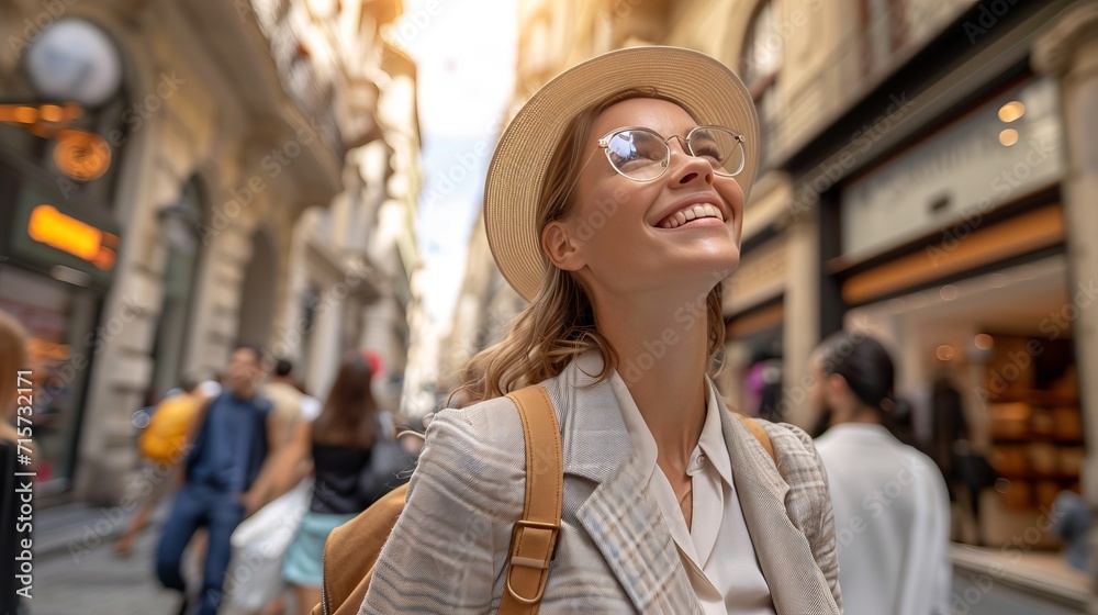 Smiling businesswoman in glasses looking at job opportunities and business services advertisement