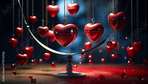 Newton's cradle replaced with cascading red hearts, each heart symbolizing a rebound of emotion, creating a harmonious choreography of feelings. Valentine's Day. AI Generative. photo