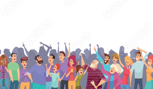 Happy crowd. People male and female standing together top pointing
