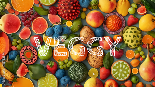 Vegetarian wallpaper with colorful fresh fruits vegan mosaic 4K