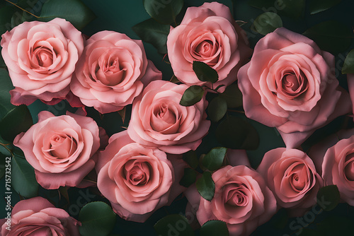 bouquet of pink roses. composition of beautiful flowers. A beautiful bouquet of pink roses and greenery lies on a green background
