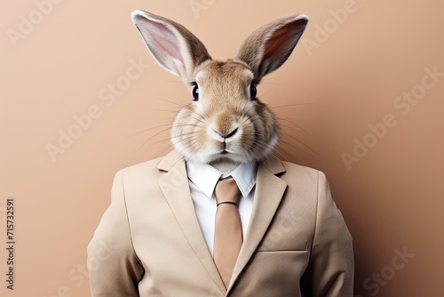 animal rabbit concept Anthromophic friendly rabbit wearing suite formal business suit pretending to work in coporate workplace studio shot on plain color wall © VERTEX SPACE