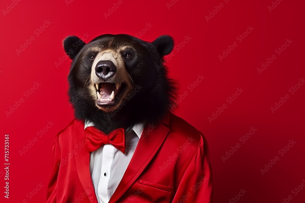 animal andean Bear wearing concept Anthromophic friendly Bear wearing suite formal business suit pretending to work in coporate workplace studio shot on plain color wall