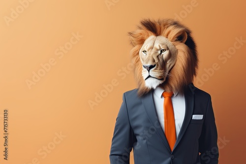 animal lionwild animal jungle concept Anthromophic friendly wearing suite formal business suit pretending to work in coporate workplace studio shot on plain color wall