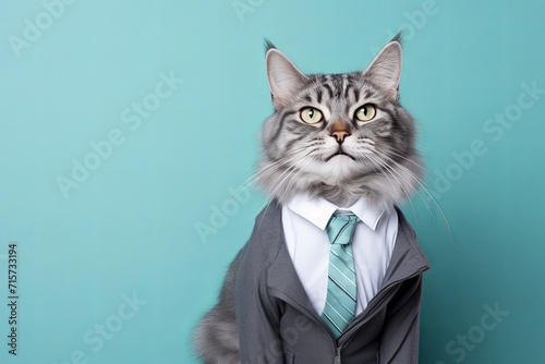 animal pet cat concept Anthromophic friendly cat kitten wearing suite formal business suit pretending to work in coporate workplace studio shot on plain color wall © VERTEX SPACE