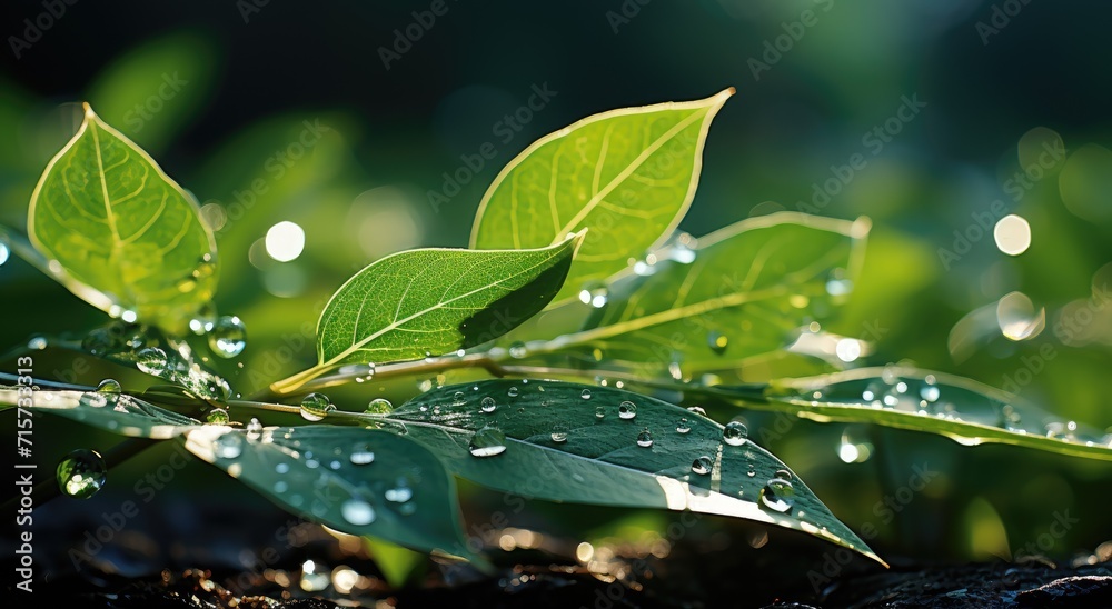 Nature's intricate beauty captured in a single leaf, adorned with dewy droplets, glistening under the gentle touch of rain Nature's intricate beauty captured in a single leaf, adorned with dewy droplets, glistening under the gentle touch of rain