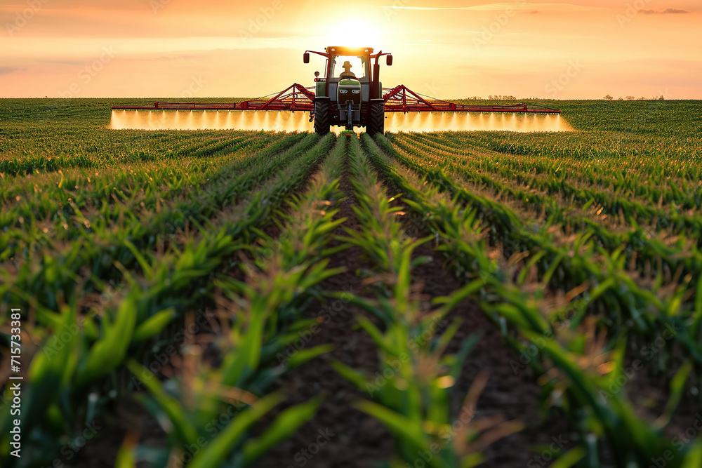 Tractor Spraying chemicals on cornfield at Sunset Tractor Spraying chemicals on cornfield at Sunset