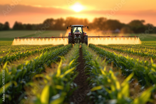 Tractor Spraying Pesticides on cornfield at Sunset