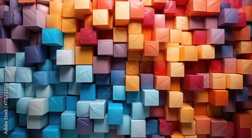 A vibrant and playful display of colorfulness as a group of postit note cubes come together in a rainbow of colors
