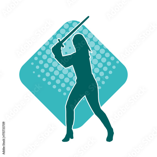 Silhouette of a female fighter in action pose carrying sword weapon.
