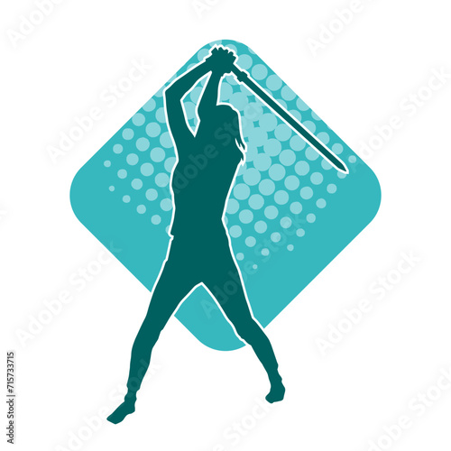 Silhouette of a female fighter in action pose carrying sword weapon.
