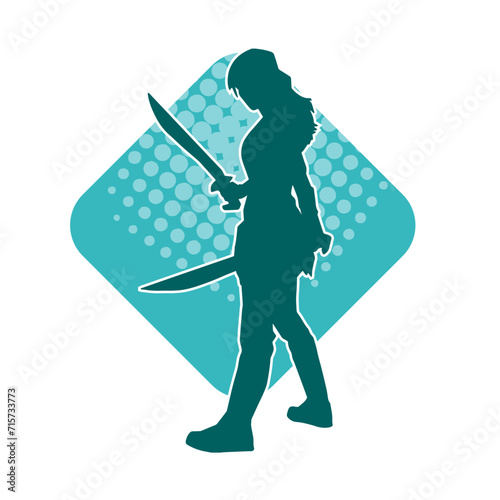 Silhouette of a female fighter in action pose carrying sword weapon.

