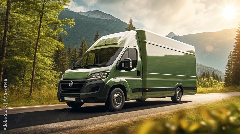 Modern delivery van driving through a serene forest on a sunny summer day, transportation concept Modern delivery van driving through a serene forest on a sunny summer day, transportation concept
