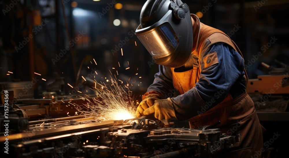 A dedicated blue-collar welder dons their protective helmet and works tirelessly through the night, fashioning molten metal into a masterpiece in the indoor factory A dedicated blue-collar welder dons their protective helmet and works tirelessly through the night, fashioning molten metal into a masterpiece in the indoor factory