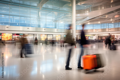 Inside a busy airport featuring passengers in blurred motion