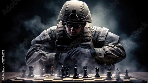 A military man sits at a chessboard and strategizes military action. The concept of offensive or defensive tactics. Design for banner, flyer, poster, cover or brochure. Illustration for varied design. photo