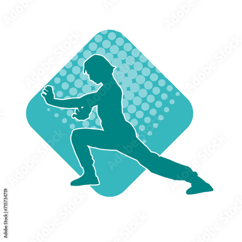 Silhouette of a man in oriental martial art pose. Silhouette of a male in martial art move.