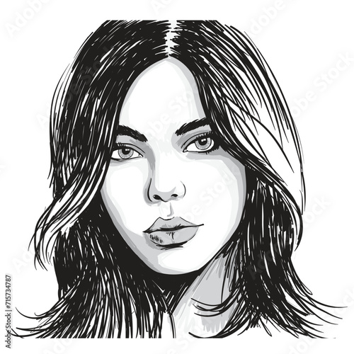 Vector portrait of a fashionable young beautiful girl with tousled hair. Vector dotted black and white female portrait.