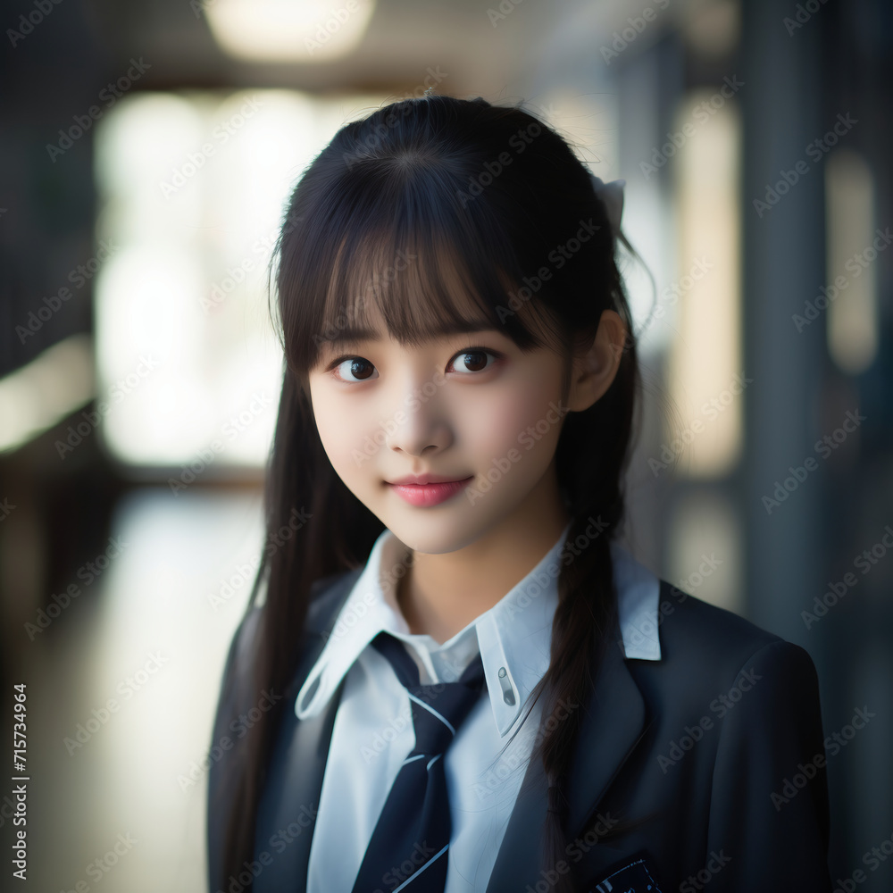 Portrait of asian girl in school uniform looking at camera. Portrait of asian girl in school uniform looking at camera.