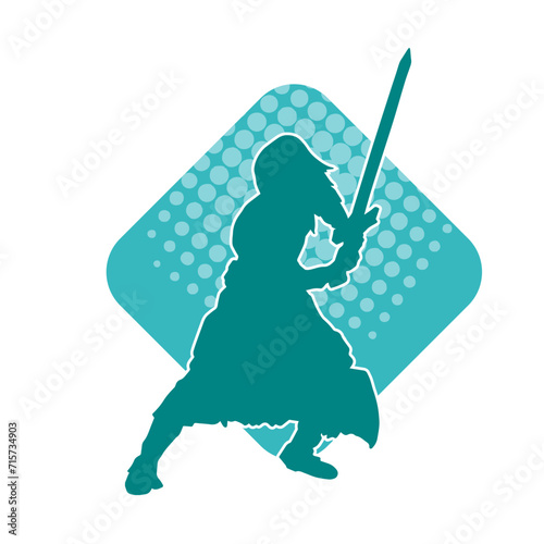 Silhouette of a female fighter in action pose carrying sword weapon.
