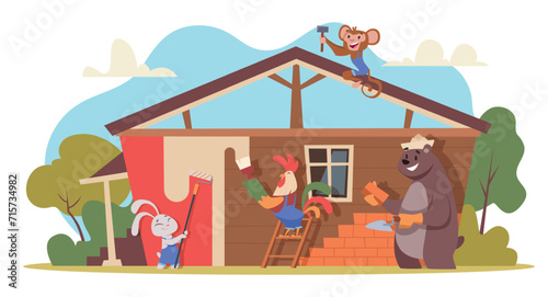 Builders working. Funny cartoon animal making buildings exact vector background