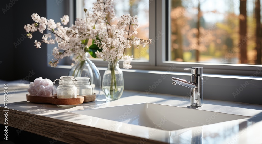 A beautiful ceramic vase of fresh flowers sits atop a table by the window, complementing the sleek sink and tap, creating a charming indoor centrepiece