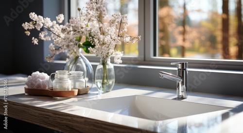 A beautiful ceramic vase of fresh flowers sits atop a table by the window  complementing the sleek sink and tap  creating a charming indoor centrepiece
